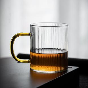 直销竖纹玻璃水杯家用泡茶杯咖啡杯带把网红玻璃条纹牛奶杯 新款