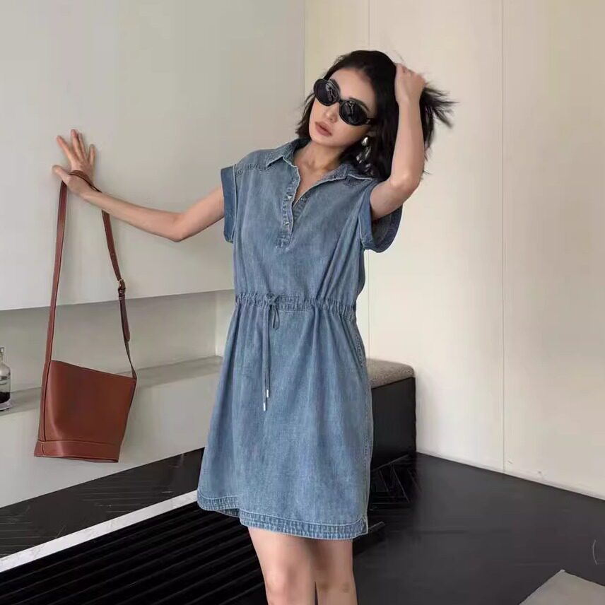 休闲收腰牛仔棉纯色牛仔连衣裙