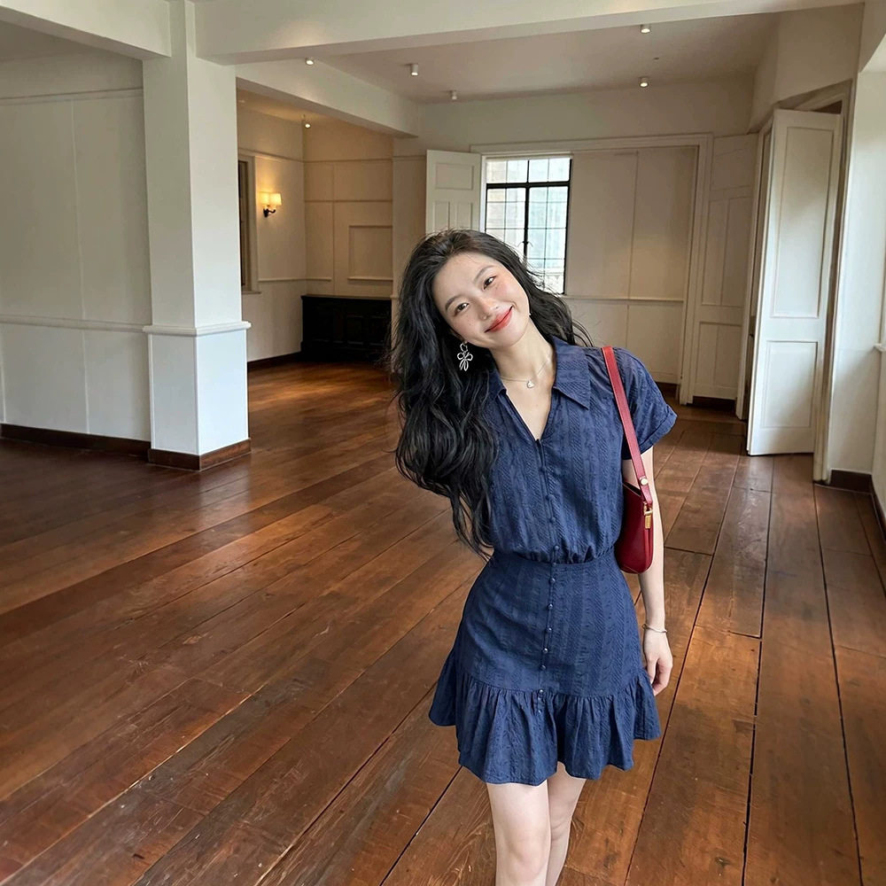 藏青色立体提花减龄法式v领短袖连衣裙女小个子法式连衣裙夏季款