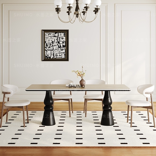 复古实木德利丰餐桌长方形设计师款 中古风饭桌家用高端岩板桌 法式