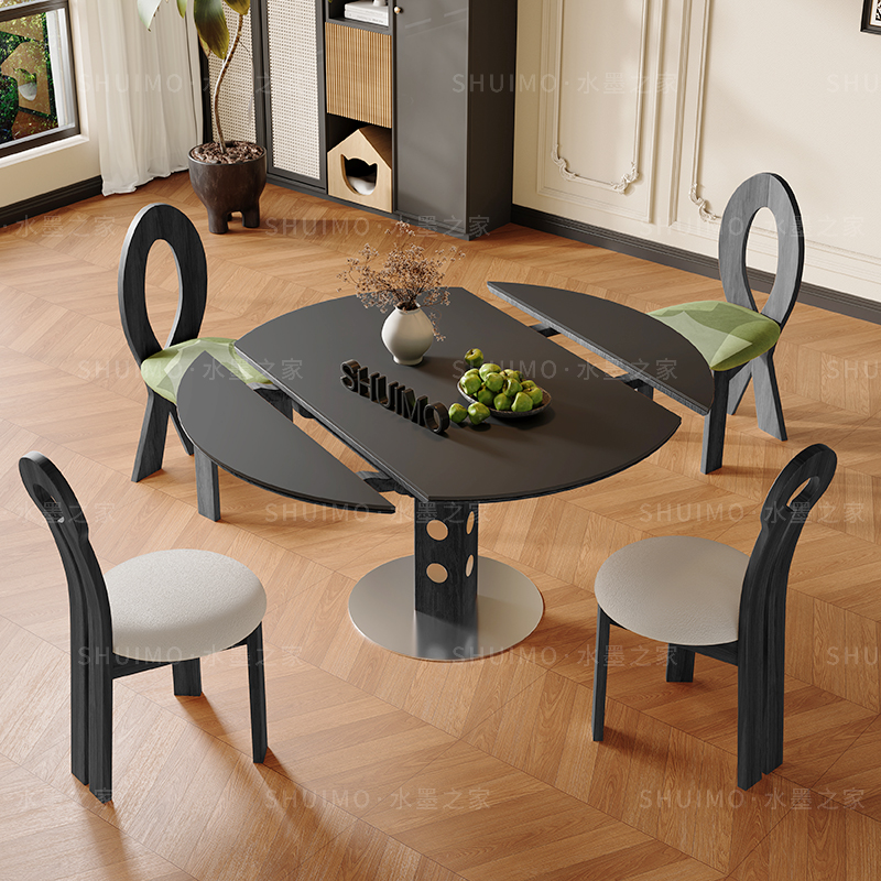 德利丰洞石岩板伸缩餐桌家用小户型实木包豪斯折叠桌方圆两用饭桌