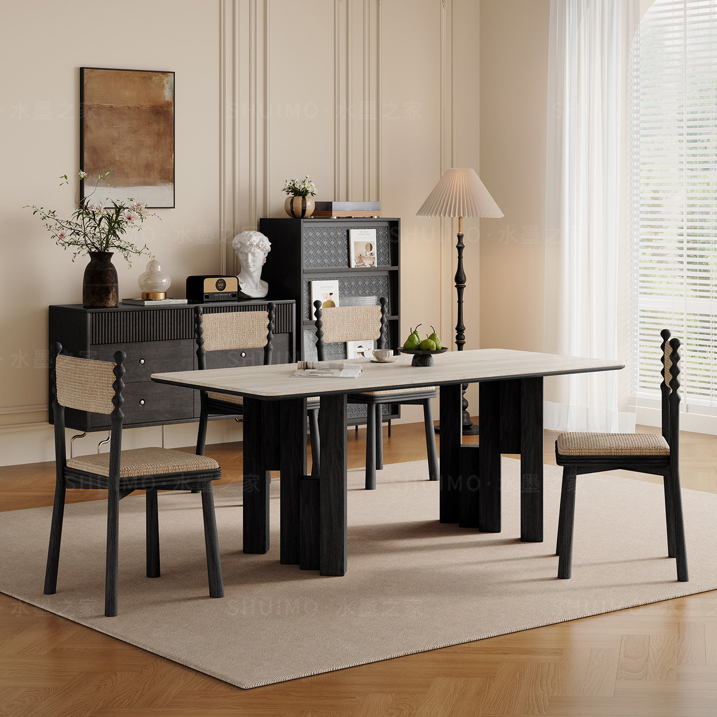 德利丰岩板洞石法式餐桌家用小户型轻奢奶油黑色长方形餐桌子客厅