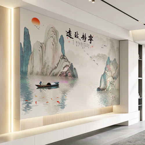 山水画墙纸自粘风景画墙贴