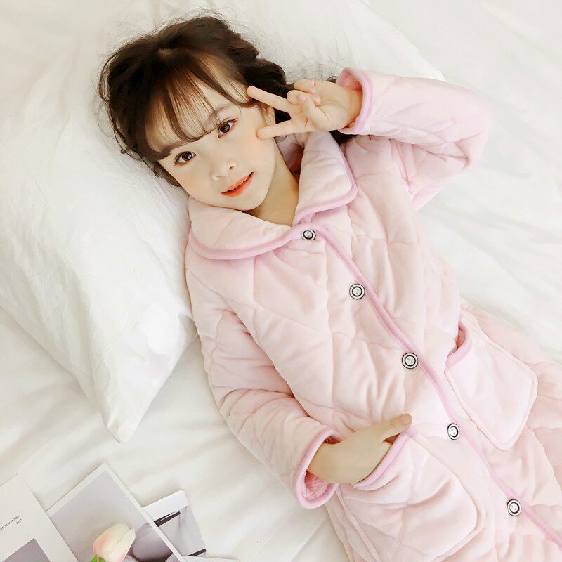 儿童浴袍珊瑚绒女童睡袍法兰绒秋冬季加厚款小孩宝宝三层夹棉睡衣