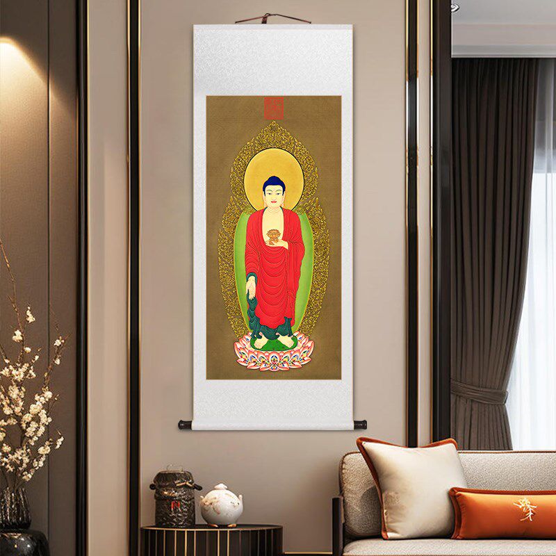丁观鹏文殊菩萨像卷轴挂画无量寿佛图玄关装饰画阿弥陀佛观音挂轴
