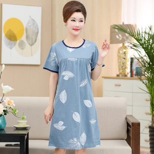 睡衣女夏季睡裙薄款短袖纯棉中裙宽松中年妈妈加肥加大码女家居服
