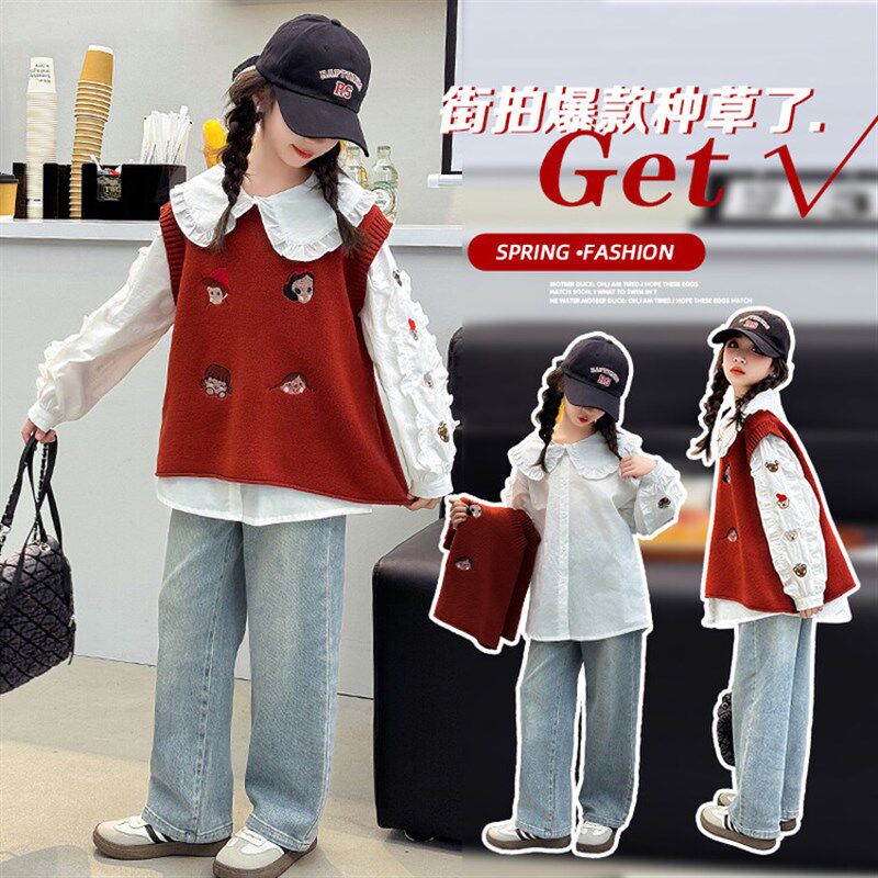 女童衬衫长袖白色春秋2024新款纯棉薄款衬衣叠穿小女孩娃娃领上衣