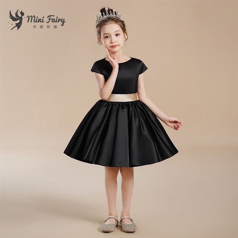 中小学生合唱团演出服高端黑色缎面晚礼服女童洋气小提琴钢琴比赛