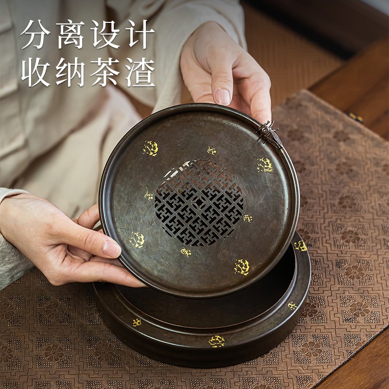手工中式紫铜壶承搭配紫砂壶的复古纯铜养壶托盘 高端干泡台茶具