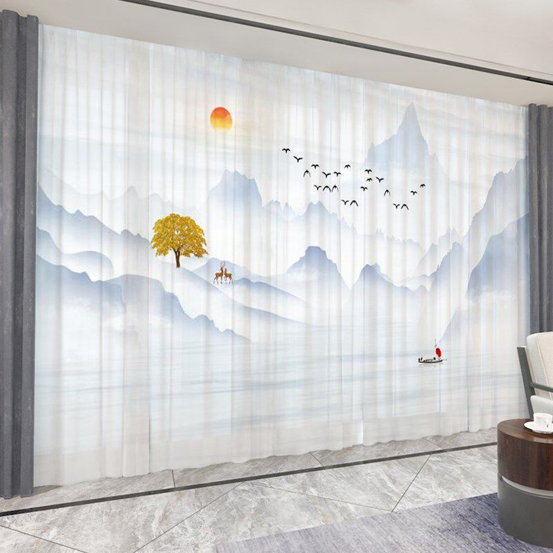 水墨山水画纱帘透光不透人风景荷花禅意布帘客厅办公室新中式窗帘