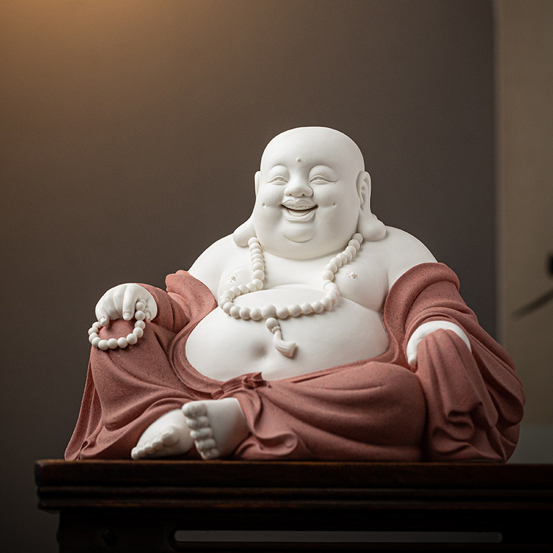 陶瓷弥勒佛大肚开心笑佛像弥勒招财摆件禅意客厅玄关办公室装饰品