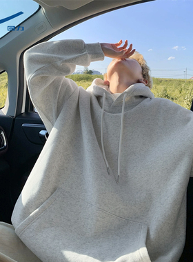 回力加绒卫衣男款连帽设计感灰色休闲运动风青少年冬装上衣男士D