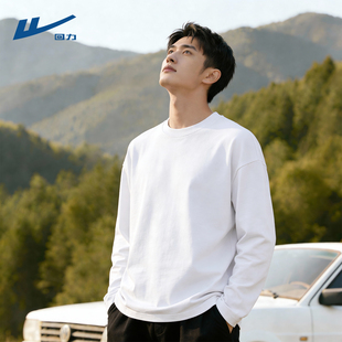 回力白色长袖男t恤透气纯棉圆领衣服男款春款简约男士打底衫内搭C