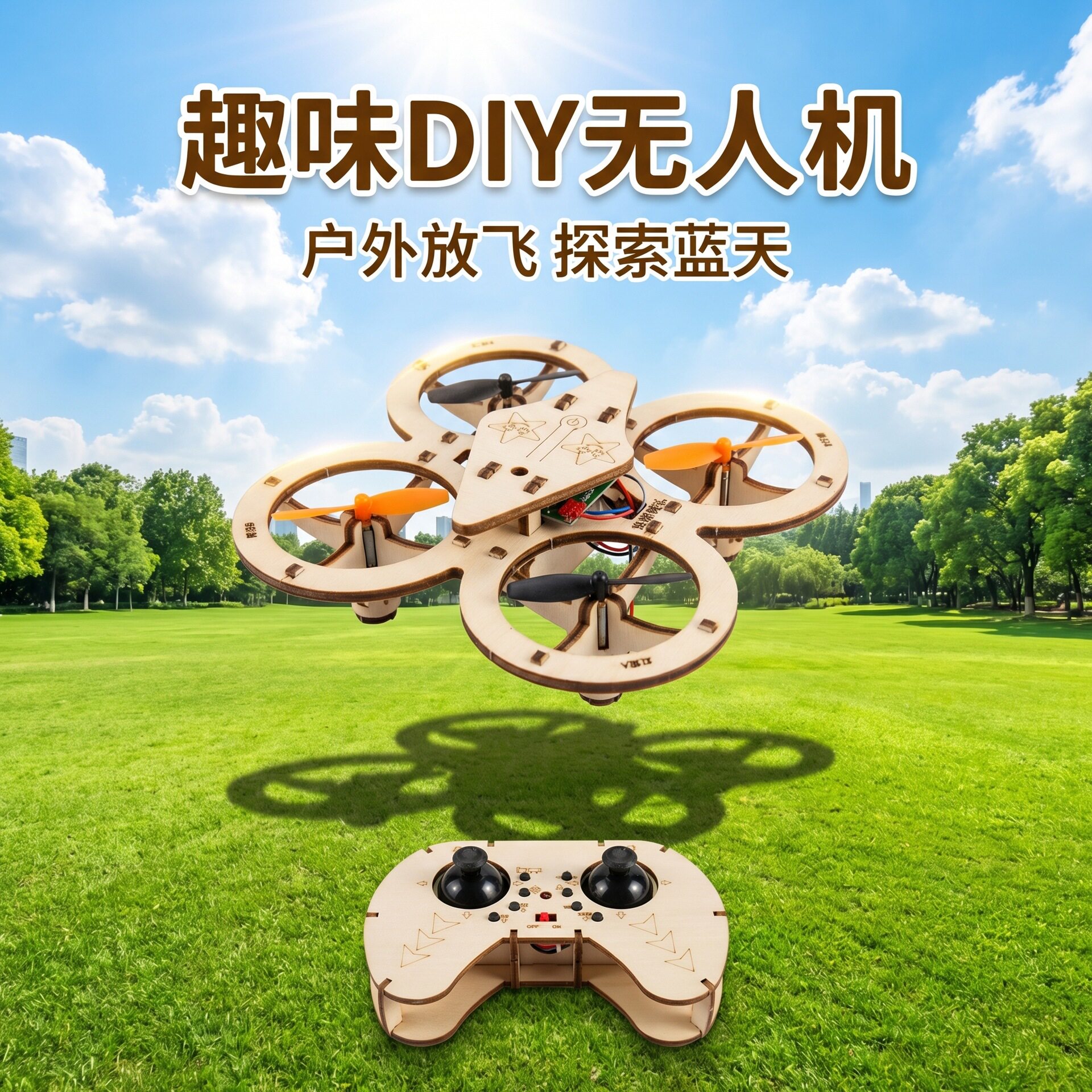 木质DIY四轴无人机拼装遥控飞机儿童科教航模益智玩具手工组装