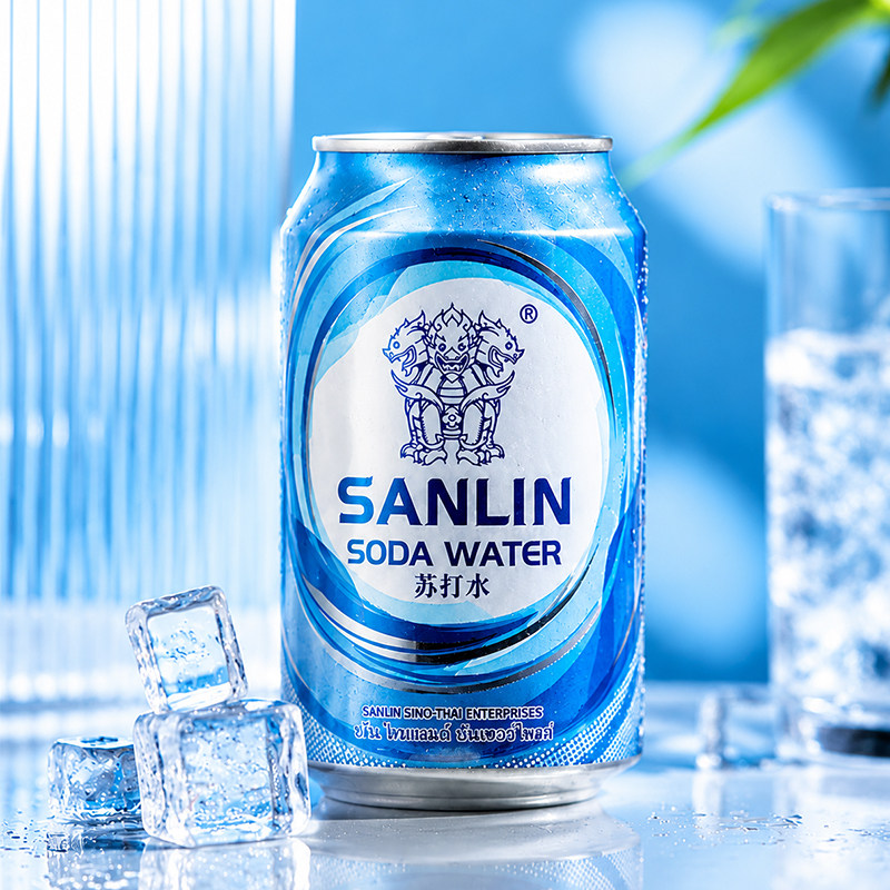 三麟苏打水易拉罐气泡水柠檬味330ml*24瓶原味0糖0脂0卡碳酸饮料