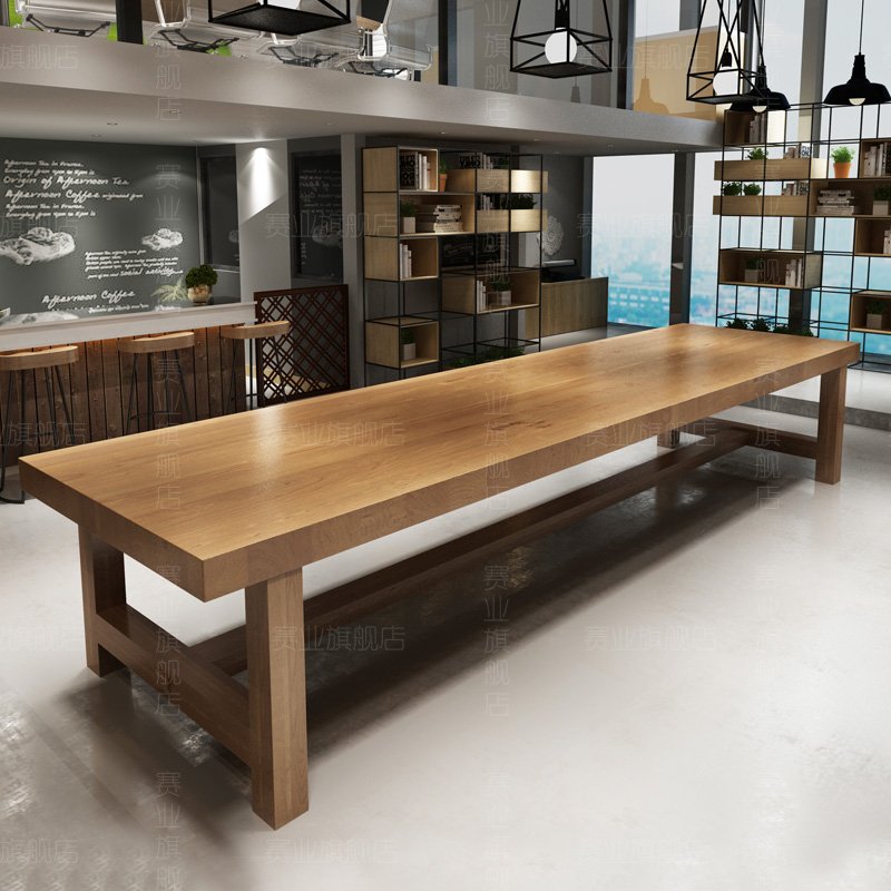 北欧大型实木会议长桌工业风长方形原木长条桌洽谈室办公桌椅j组