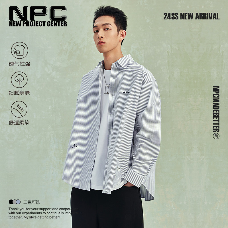 NPC潮牌纯棉休闲刺绣条纹衬衫男潮流宽松长袖官方正品假一赔十图片
