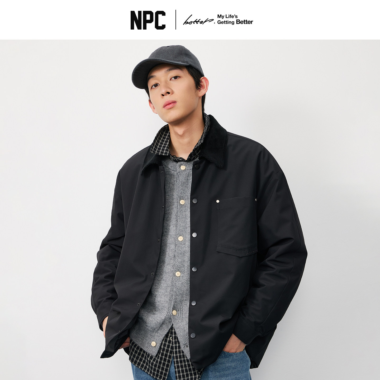 NPC潮牌拼接灯芯绒羽绒夹克男教练夹克秋冬鸭绒官方正品假一赔十