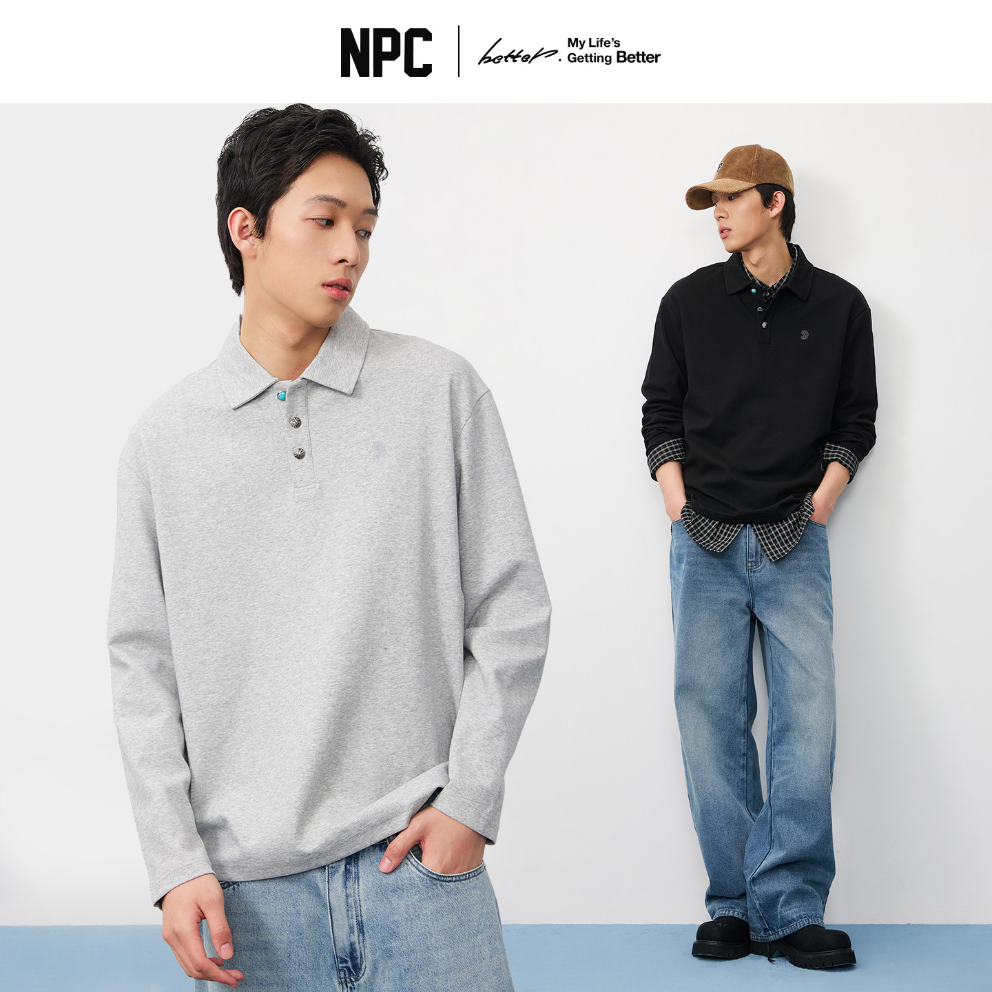 NPC2025秋季新品仿兔绒刺绣长袖翻领T恤男宽松打底衫正品假一赔十