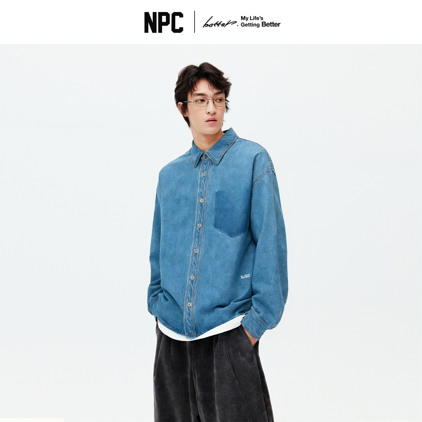 NPC潮牌100%棉做旧复古牛仔衬衫秋渐变炒盐工艺官方正品假一赔十图片