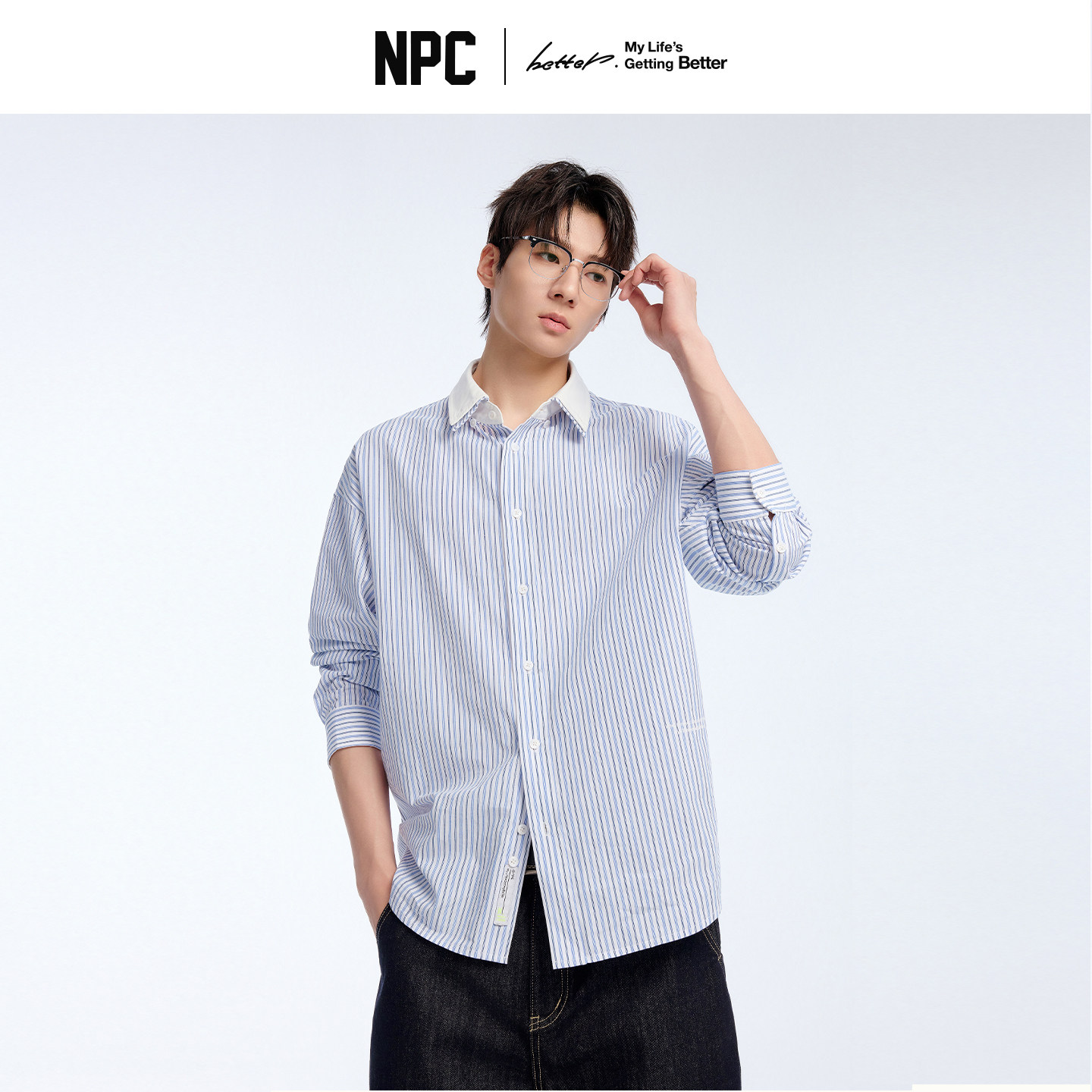 NPC潮牌100%棉美式复古蓝白假两件条纹长衬衫男官方正品假一赔十