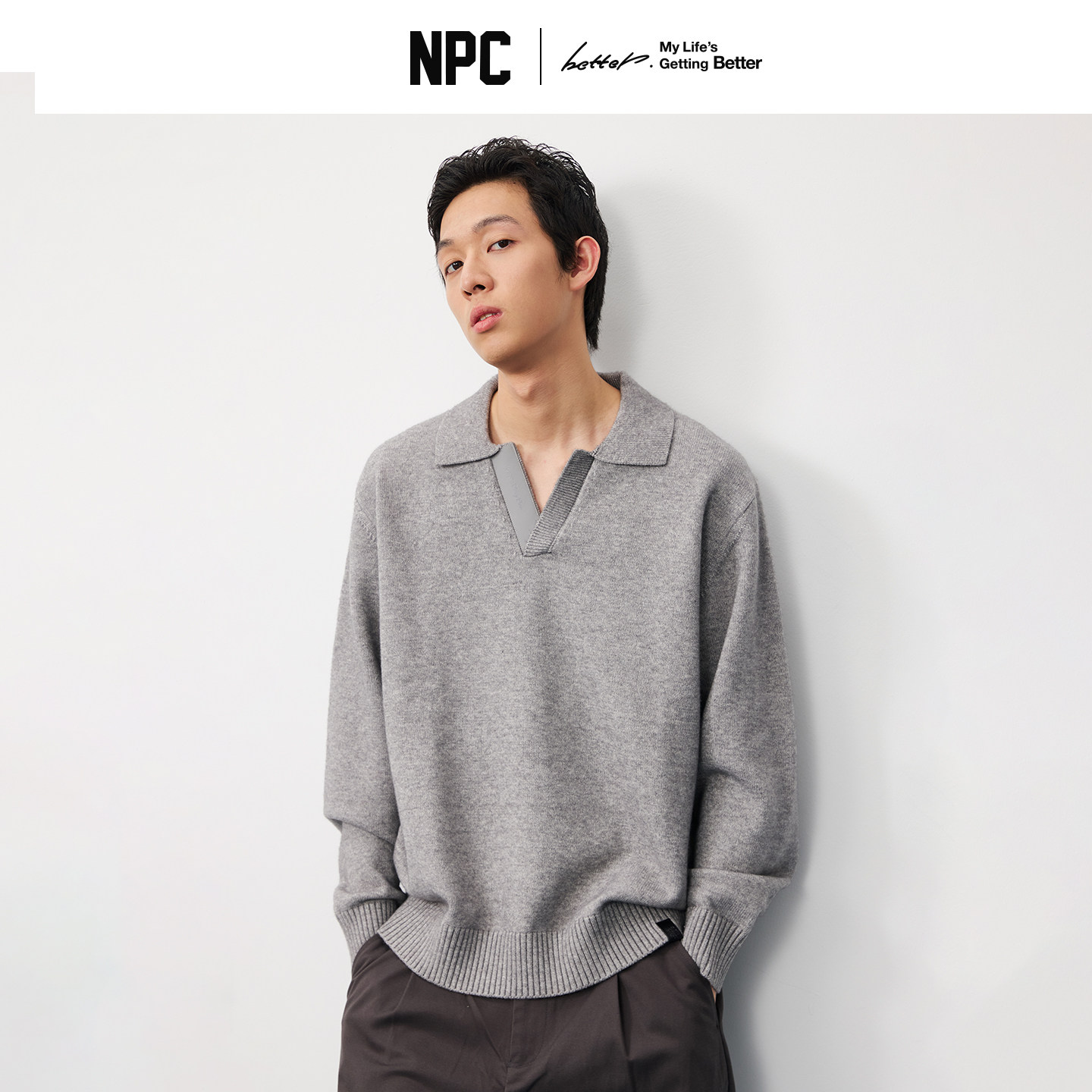 NPC潮牌复古拼接海鸥领休闲针织毛衣男休闲商务潮流正品假一赔十