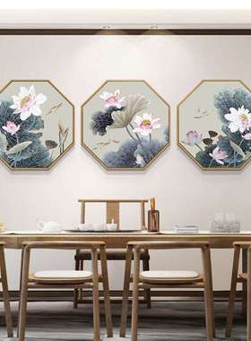 新中式荷花挂画八边禅形意中国装风茶室玄关客厅饰沙发画背景HOR