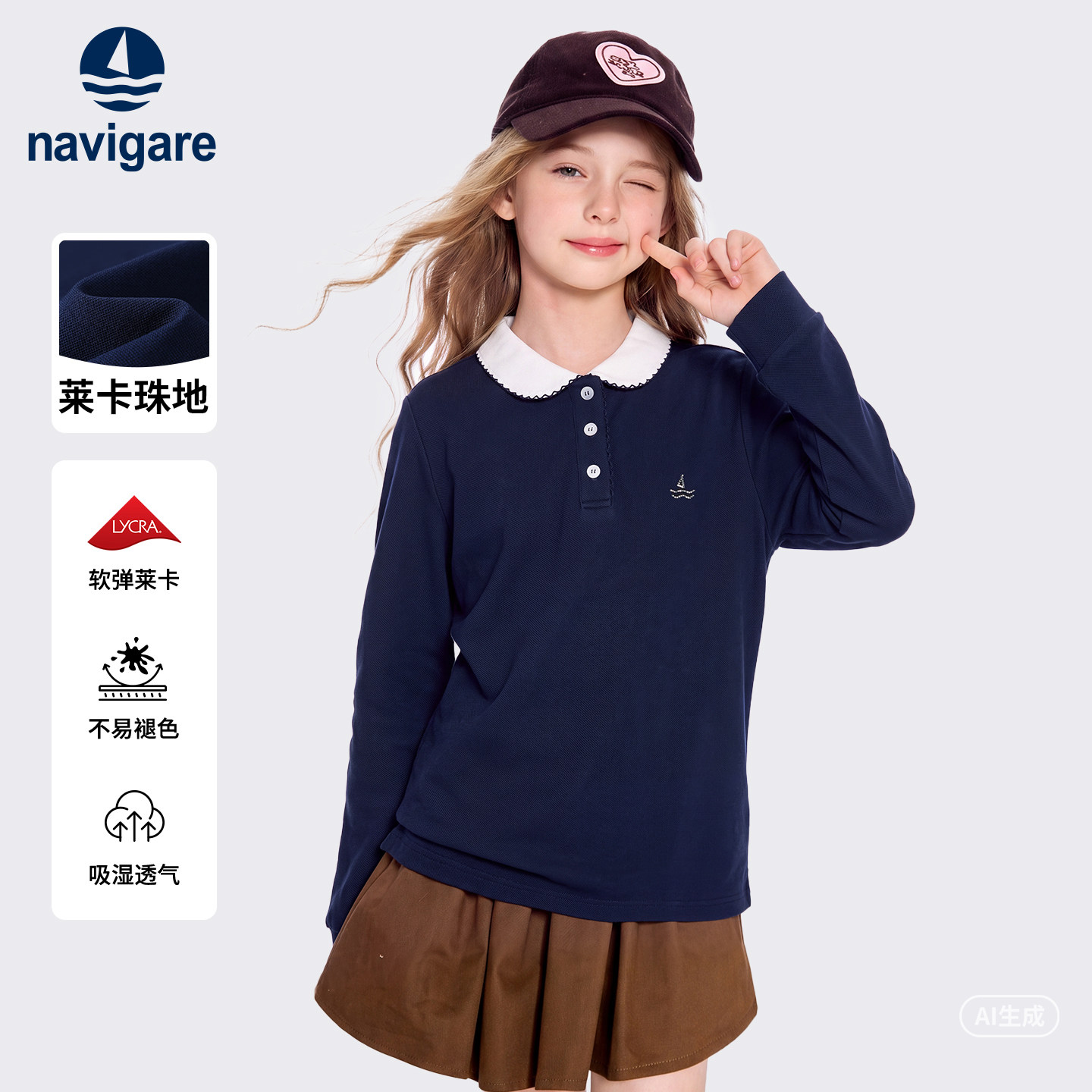 Navigare意大利小帆船童装女童长袖POLO衫2026年秋季新款儿童T恤