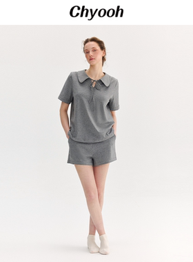 Chyooh池攸夏匹马棉睡衣格雷系浅香灰翻领可外穿短袖家居服套装