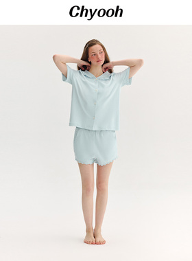 Chyooh池攸夏季匹马棉女家居服蓝色可外穿睡衣套装