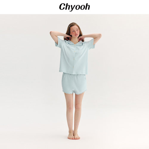 Chyooh池攸夏季匹马棉女家居服蓝色可外穿睡衣套装小个子女家居服