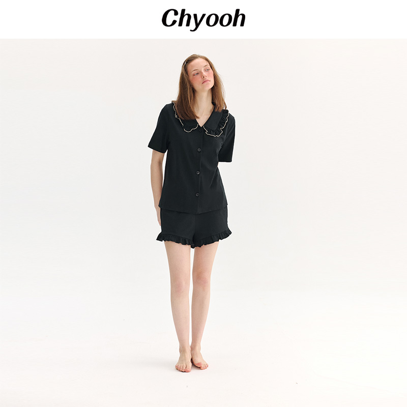 Chyooh池攸夏季新品睡衣匹马棉黑鸢尾家居服娃娃领套装女睡衣