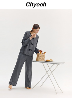 Chyooh池攸秋季新品丝绒蝴蝶结女家居服圆领针织棉舒适睡衣套装