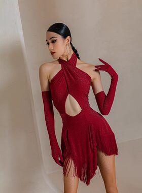 拉丁舞服成人红色流苏连衣裙演出