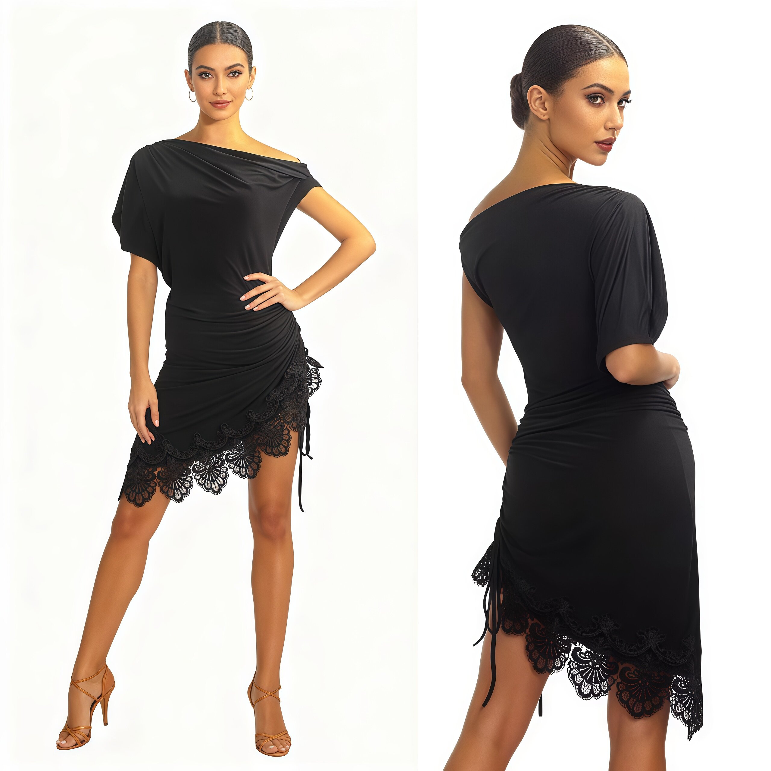 2026新款拉丁舞服成人女斜肩短袖蕾丝花边连衣裙教课服包臀裙短裙