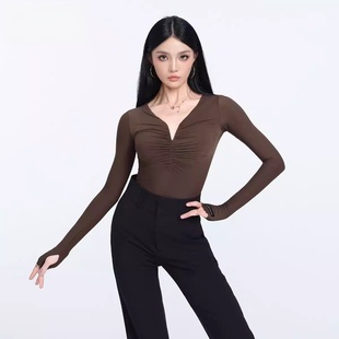 2026新款成人拉丁舞服V领长袖连体上衣高挑烟管西裤国标舞练功服