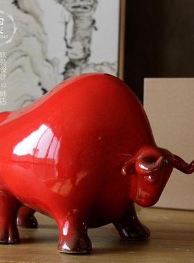 雨彤家居景德CHS装镇陶瓷器红色窑变瓷牛摆件|家陶居饰摆设瓷