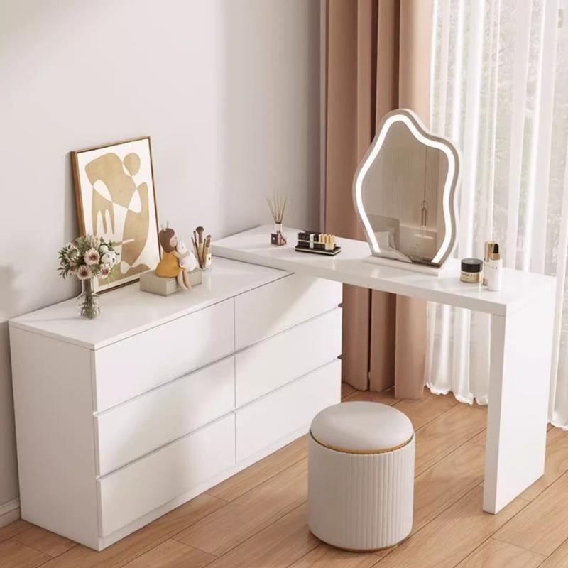 妆台斗柜一体家用梳卧室现简约HUU小代户型可伸缩奶油风化纳妆桌