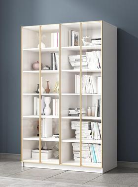 现实物木置书架带玻璃门落地代简约一体靠墙白色书房CEY轻奢书柜