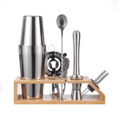 9件套不锈钢调酒器波士顿摇壶摇床鸡尾酒套装梯形竹架酒吧工具
