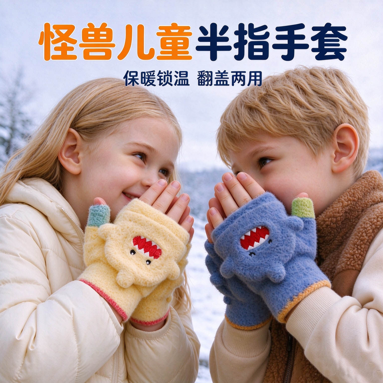 儿童手套冬季半指翻盖不分指男童女童小孩幼儿园2-3-4岁冬季保暖