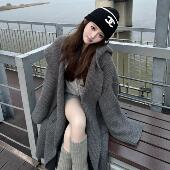 SiCii 连帽女休闲宽松百搭毛衣外套长款 慵懒氛围感 灰色毛织开衫