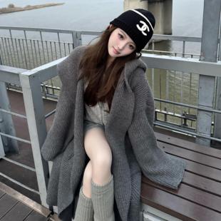 SiCii 慵懒氛围感 灰色毛织开衫连帽女休闲宽松百搭毛衣外套长款