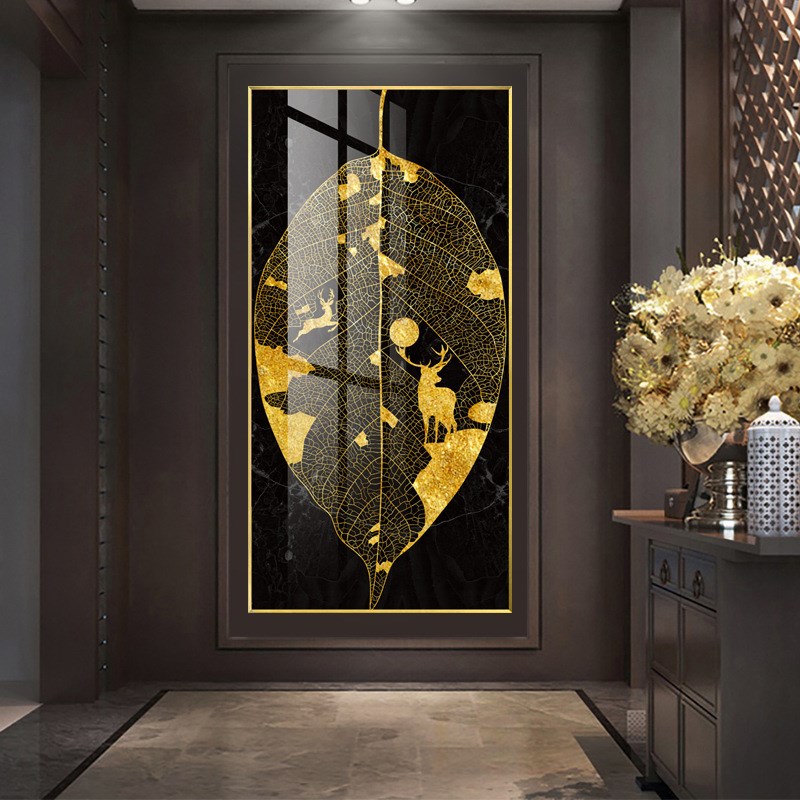 新中式抽象金色树叶晶瓷画 客厅玄D关卧室墙壁 酒店挂画山水装饰图片