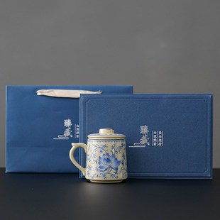 青花汝窑c茶杯陶瓷带盖茶水分离水杯家用个人高端泡茶杯办公马克