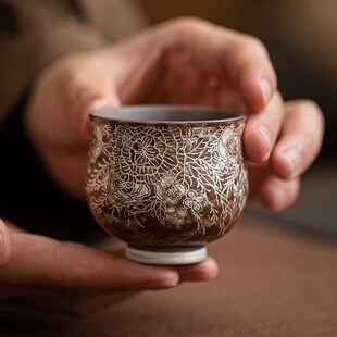 老陶泥繁花鎏银大l肚杯家用陶瓷功夫茶具茶杯品茗杯小号主人杯单