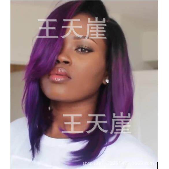 新款直销2020欧美新款女士新款假发 偏分黑色渐变紫色短发BOB