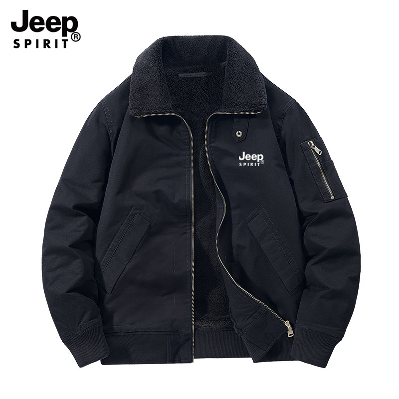 吉普正品秋冬季新款加绒加厚夹克男纯棉外套翻领爸爸保暖工装茄克