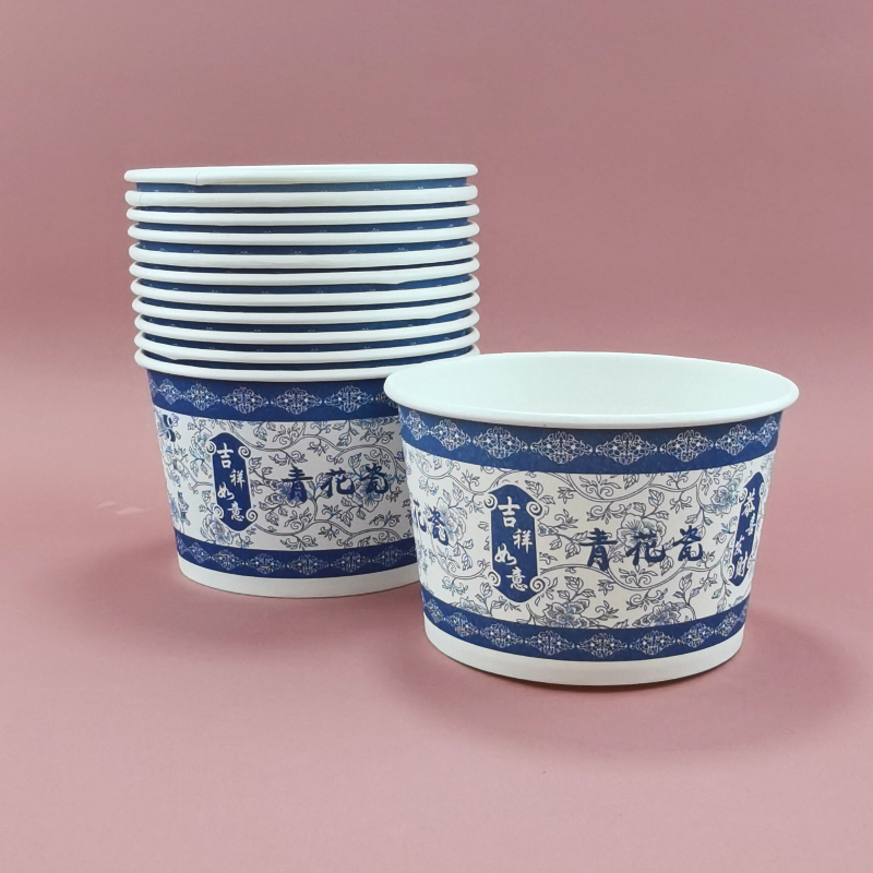 青花瓷纸碗一次性家用加厚饭碗酒席宴会商用打包碗外卖纸碗批发
