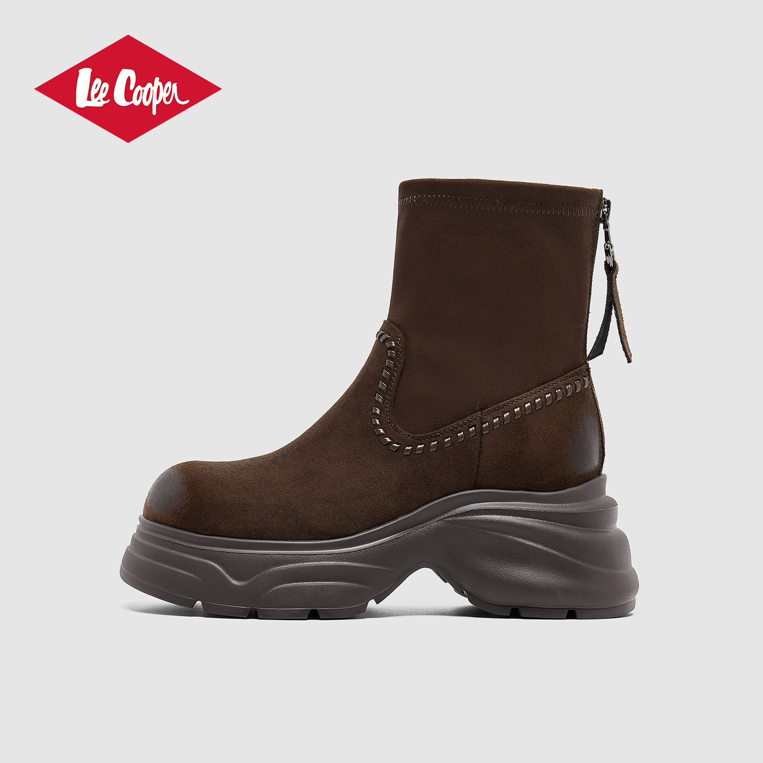Lee Cooper厚底切尔西靴女2025新款秋季棕色复古短靴西部增高靴子